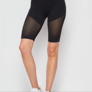 High Waist Fishnet Panel Biker Shorts- Black